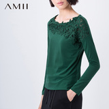 艾米amii女装旗舰店2016春装新款蕾丝拼接女式长袖Ｔ恤衫打底衫