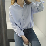 韩版2016夏装新品横细条纹翻领宽松女式长袖套头衬衣A852女士衬衫