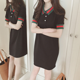 2016女装新款韩版学院风简约裙子条纹翻领短袖连衣裙中长款T恤女