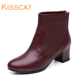 KISS CAT/接吻猫 2015女鞋冬新款圆头中跟羊皮短靴通勤粗跟舒适