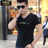 2016夏季新款男士短袖T恤V领韩版修身型男印花体恤男款半袖上衣潮