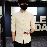 马卢达夏季韩版男士休闲七分袖衬衫 青少年修身中袖潮男立领衬衣