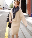 2015韩国东大门代购秋冬新款女装宽松纯色针织毛衣套装包臀半身裙