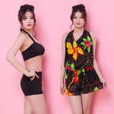 韩国性感女式平角比基尼三件套泳衣聚拢小胸保守防晒罩衫温泉泳装