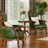 新古典沙发椅实木雕花真皮休闲椅别墅高背形象椅欧式装饰椅洽谈椅