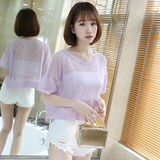 2016夏季新款韩版短袖薄款套头针织衫短款透视罩衫宽松大码T恤女