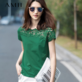 Amii短袖T恤女2016新款夏装宽松蕾丝衫拼接大码女装体恤衫上衣潮
