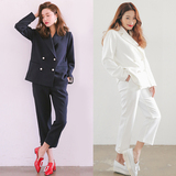 2016春韩国代购双排珍珠扣翻领夹克九分裤西装套装两件套女 现货