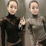 2016韩国春秋高领蕾丝性感拼接毛衣女长袖修身套头打底针织衫上衣
