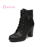Daphne/达芙妮2015冬新品 时尚韩版系带粗高跟短靴女鞋1015605046