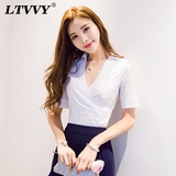 LTVVY2016夏季新款女装衬衫韩版修身显瘦性感V领短袖百搭短款上衣
