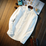 春夏男装立领长袖衬衫男亚麻时尚纯色白衬衫棉麻料文艺衬衣中国风