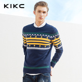 kikc2016春季男装新品 条纹印花圆领针织衫毛衣 男士打底毛线上衣