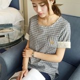 2016夏季新款日系百搭清新小鹿刺绣格子棉麻短袖t恤宽松学生女装