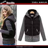 ZARA正品代购15秋冬新款女装连帽毛衣拼接中长款加厚棉衣假两件套