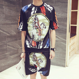 港风大码印花T恤男短袖韩版青年运动休闲套装宽松夏季日系复古潮