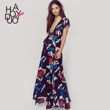 Haoduoyi2016夏装新款 性感深V花卉印花 系带收腰长款短袖连衣裙