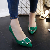 2016夏季新款女鞋尖头绿色高跟鞋6cm细跟单鞋子浅口方扣皮鞋性感