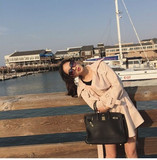 麂皮绒裸粉色风衣女2015秋冬最新款韩版系带修身个性大码长袖外套