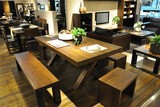 实木餐桌椅组合6人 美式复古做旧长方形饭桌咖啡厅小户型原木长桌