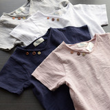 韩国儿童水洗纯棉短袖T恤 竹节棉V领男童女童纯色体恤2-7岁宝宝夏