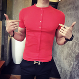 夏装小码男士棉T恤青年短袖S码紧身弹力社会红色短款半截袖t恤衫