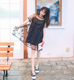 韩版女装夏季小清新透视短袖欧根纱连衣裙+中长款吊带两件套学生