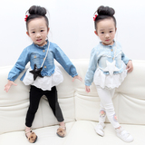 2016韩版女童装春装新款女宝宝蕾丝娃娃衫 休闲长袖t恤牛仔外套