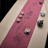 中式手绘风复古禅意手工印染茶席麻布茶垫桌旗茶道配件棉麻布艺