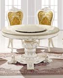 促销欧式餐桌大理石实木圆桌 白色雕花椅子六人组合 双层旋转餐台