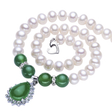 天然淡水珍珠项链送妈妈正品强光8-9mm近圆绿玛瑙项链母亲节礼物
