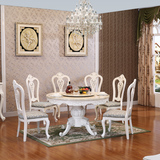 欧式餐桌餐椅组合高档大理石面实木雕花法式黄龙玉圆形带转盘圆桌