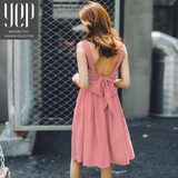 YEP2016夏装新款韩版红色条纹裙子高腰修身大露背蝴蝶结连衣裙女