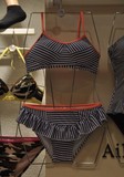 韩国东大门正品代购2015新款撞色亮边条纹吊带保守沙滩装泳衣套装
