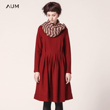 AUM噢姆 玛丝菲尔设计师女装复古酒红优雅长袖连衣裙