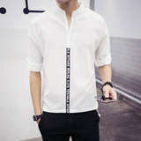 个性七分短袖T恤男韩版青年印花中袖打底衫纯色立领潮胖大码男装