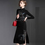 秋冬季长袖中长款修身显瘦礼服黑色复古日常改良中国风旗袍连衣裙