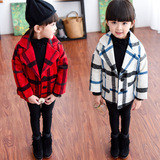 童装2015秋季新款韩版女童呢子大衣加厚格子羊毛呢外套