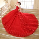 婚纱礼服2016春夏季新款韩式抹胸奢华蕾丝修身显瘦新娘红色长拖尾