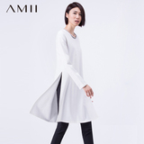 Amii女装 2016春秋装新款艾米圆领高开叉中长款套头卫衣女打底衫