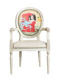 特价美式实木做旧白色圆背餐椅个性印花布艺单人扶手椅子欧式书椅
