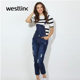 Westlink/西遇2016春季新款 两穿背带裤休闲女长裤纯棉破洞牛仔裤