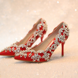 2016红色新娘鞋超高跟婚鞋细跟镶水钻礼服鞋尖头水晶鞋结婚女单鞋