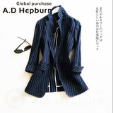 A.D Hepburn日系通勤OL藏青蓝条纹棉麻一粒扣长袖修身西装外套女