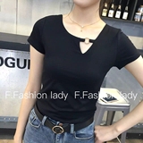 2016韩国领口镂空短袖T恤金属扣修身显瘦棉TEE紧身打底衫上衣女装