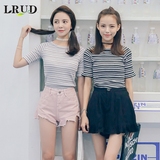 LRUD2016夏季新款韩版圆领套头条纹短袖T恤女修身显瘦薄针织衫