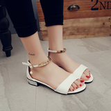2016韩版新款露趾低跟时尚女凉鞋夏季一字扣平底珍珠包跟性感女鞋