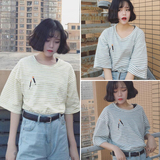 韩版女装夏季新品原宿学院风BF宽松大码条纹刺绣花套头短袖T恤潮