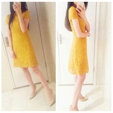 2016夏装新韩国代购气质显瘦裙子黄色短袖中裙蓬蓬蕾丝A字连衣裙