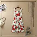 欧美大牌2015夏装新款 玫瑰印花方领性感吊带修身连衣裙